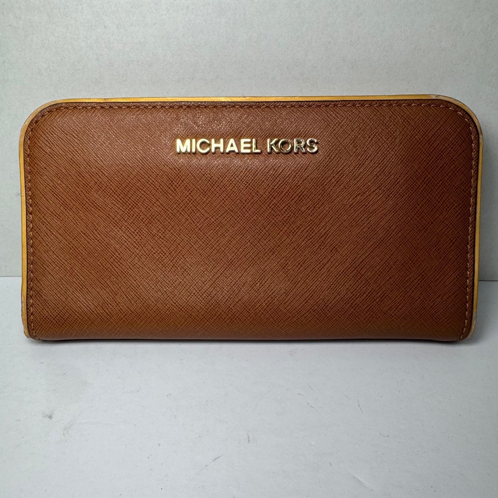 Michael‎ Kors Saffiano Leather Zip Around Accordion Wallet Tan Brown Gold Zipper